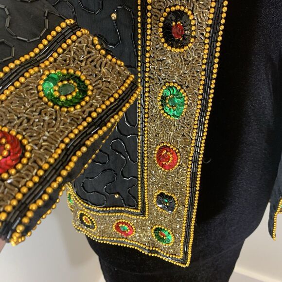 Vintage Evening Jacket XL Lawrence Kazar 100% Silk Beaded Black Gold Retro 90’s - Picture 3 of 6